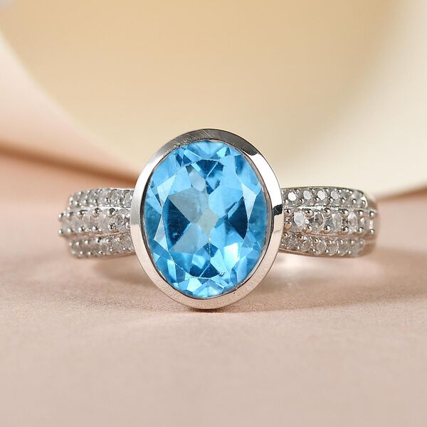 Schweizer Blautopas und wei&szlig;er Zirkon-Ring, 925 Silber platiniert  ca. 3,92 ct image number 2