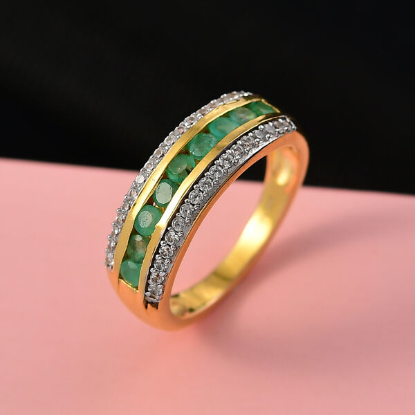 MÜNCHEN CLOSE OUT - AA Smaragd, Weißer Zirkon Ring 925 Silber 750 Gelb Vergoldet (Größe 16.00) ca. 0.93 ct image number 1