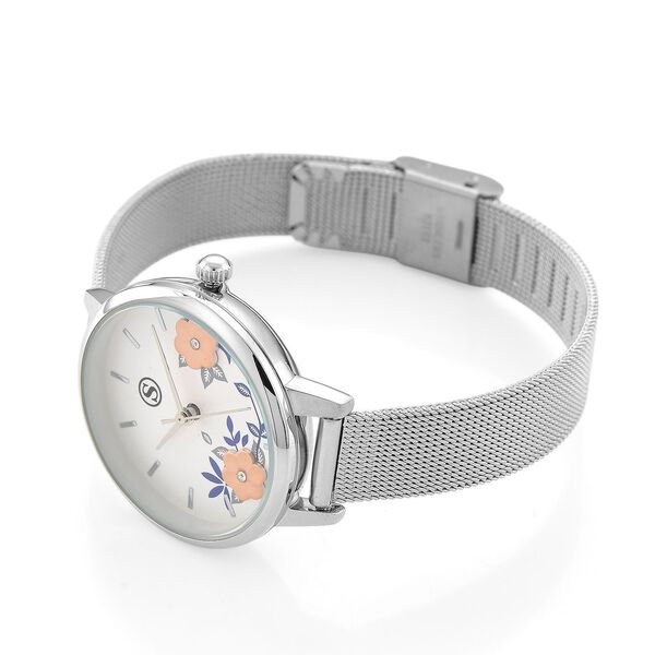 STRADA Uhr mit Japanischem PC21S Werk, Edelstahl-Mesharmband Silberfarben, florales Zifferblatt Wei&szlig; mit Wei&szlig;em Kristall image number 6