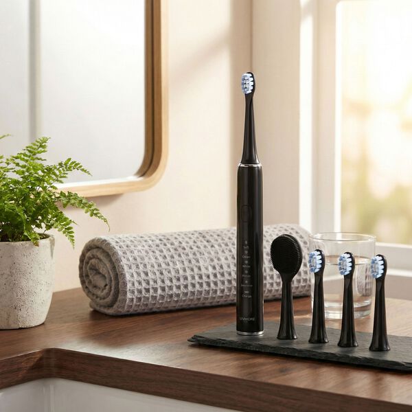 LIVMORE Sonic elektrische Zahnb&uuml;rste mit 3 Zahnb&uuml;rstenk&ouml;pfen und 1 Silikon-Zungenb&uuml;rstenkopf, 24,5x2,5cm, Schwarz image number 1