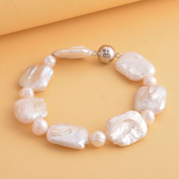 Wei&szlig;es Keshi Perle und wei&szlig;es S&uuml;&szlig;wasser Perlen-Armband, 20 cm - 103,5 ct. image number 2