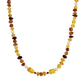 Weiße Süßwasser Perle und mehrfarbige Bernstein Halskette, 50+5cm