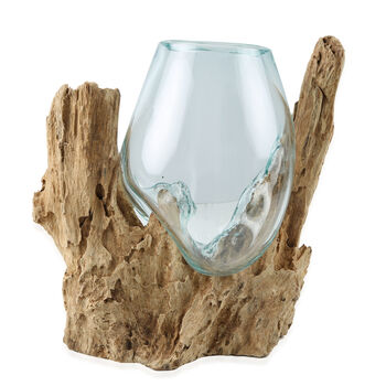 Jardin de Bali: Mundgeblasen Glasvase auf Naturholz, H&ouml;he 12-15 cm