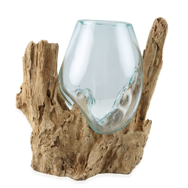 Jardin de Bali: Mundgeblasen Glasvase auf Naturholz, H&ouml;he 12-15 cm