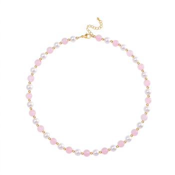 Rosenquarz, Wei&szlig;e Muschelkernperle (7-9 mm) Halskette ca. 45 cm+ 5 cm Extender gelb vergoldet