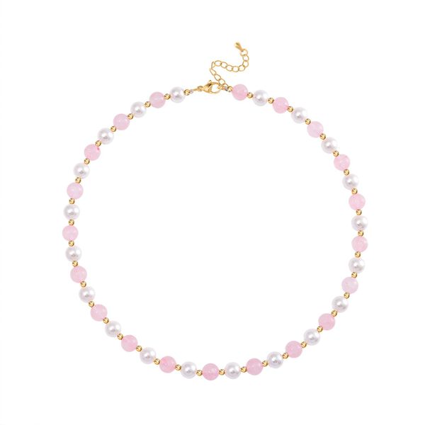 Rosenquarz, Wei&szlig;e Muschelkernperle (7-9 mm) Halskette ca. 45 cm+ 5 cm Extender gelb vergoldet image number 2