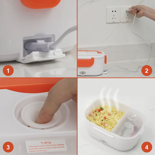 Beheizbare Lunchbox, Orange
Material:PP 
Größe:23.5*16.5*10.5cm(1.05L)9.25*6.49*4.13INCH
Color:White+orange
rating:50W
voltage:110V
2 pin UL plug power cable:100cm
 image number 2