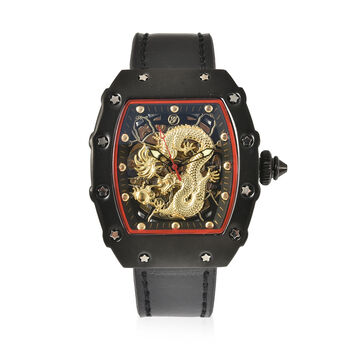 Genoa - Schwarze Automatik Drachen-Uhr, transparentes Ziffernblatt, echtes Leder-Armband, wasserdicht bis 3 ATM, Schwarz