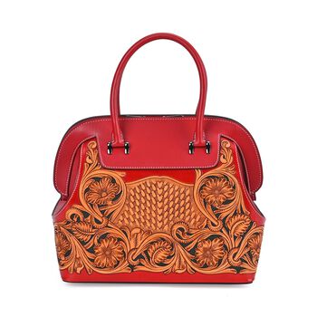Grand Pelle Elite Kollektion- Handgravierte Westernstil Premium-Lederhandtasche im Handgep&auml;ckstil mit floralem Kunstwerk, Gr&ouml;&szlig;e 28 x 25 x 15 cm, rot