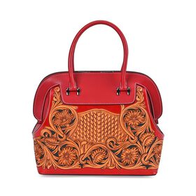 Grand Pelle Elite Kollektion- Handgravierte Westernstil Premium-Lederhandtasche im Handgepäckstil mit floralem Kunstwerk, Größe 28 x 25 x 15 cm, rot