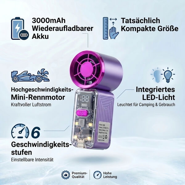 LIVMORE High Speed Mini Taschenventilator mit LED Licht, 3000 mAh Akku, 6 Geschwindigkeitsstufen, Lila image number 5