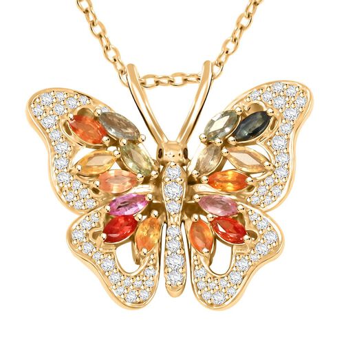 Clarte Flutter Kollektion- Mehrfarbiger Saphir, Moissanit Schmetterling Anhänger mit Kette, 925 Silber Gelbes Gold ca. 1.63 ct image number 0