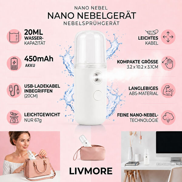 LIVMORE Mini-Nano-Feuchtigkeitsspray, wiederaufladbar, 20ml, Wei&szlig; image number 3