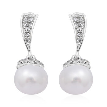 Wei&szlig;e S&uuml;&szlig;wasser Perle und Simulierter Diamant Ohrringe 925 Silber rhodiniert