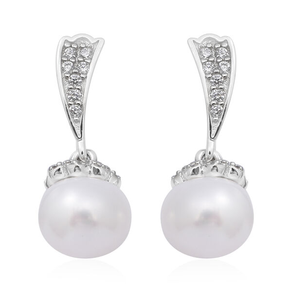 Wei&szlig;e S&uuml;&szlig;wasser Perle und Simulierter Diamant Ohrringe 925 Silber rhodiniert