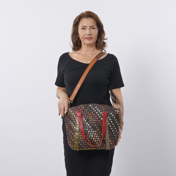 CHAOS BY ELSIE - Umh&auml;ngetasche aus echtem Leder mit Webmuster, 42x12x32 cm, Karomuster, dunkel image number 2