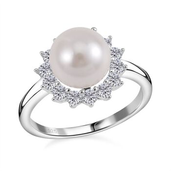 Wei&szlig;e Muschelkernperle und Zirkonia Ring - 0,40 ct.