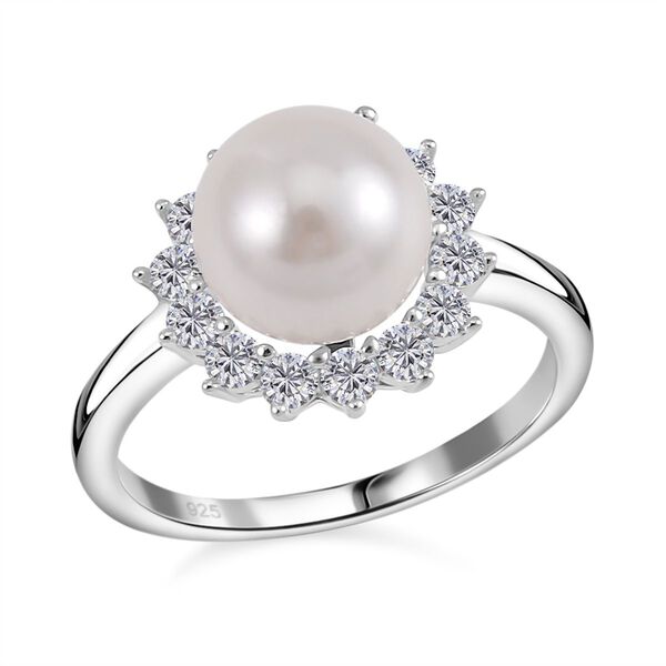 Wei&szlig;e Muschelkernperle und Zirkonia Ring - 0,40 ct.