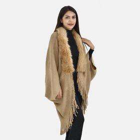 LA MAREY luxuriöser Kunstfell-Kimono mit Fransen, Beige