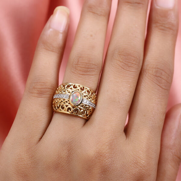 Nat&uuml;rlicher &Auml;thiopischer Opal und Zirkon Ring 925 Silber 585 Vergoldet image number 3