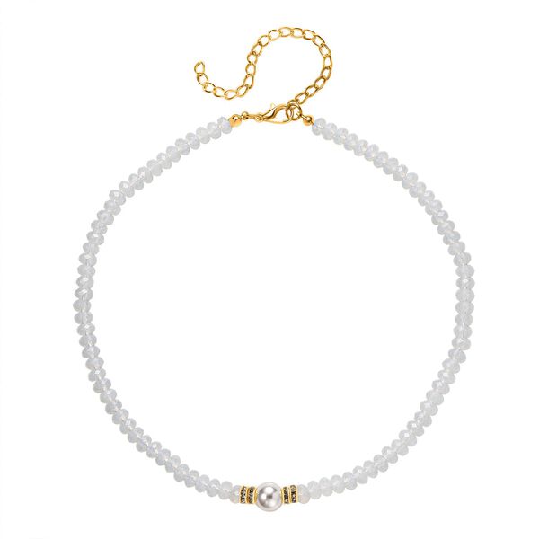 Muschelkernperle, Opalit und wei&szlig;e Kristall 40,5+10cm Halskette image number 4