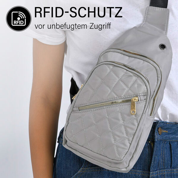 Stepp-Slingtasche mit RFID-Schutz und Kopfhöreröffnung, Größe: 17x7,5x30cm, Hellgrau image number 5