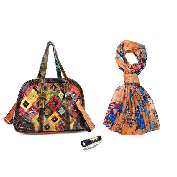 Chaos by Elsie Blumenmuster Echtleder Crossbody Tasche mit RFID-Schutz und Mini-Taschenlampe und LA MAREY Schal aus 100 % Maulbeerseide image number 0