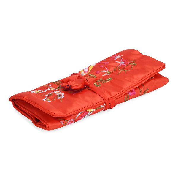Reise-Schmuckrolle mit Stickmuster 1 Organizer + 5 Silberputzt&uuml;cher Satin, Rot image number 6