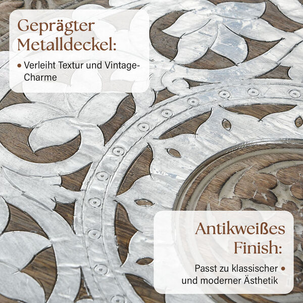 Handgefertigter Couchtisch aus Mangoholz mit Metallprägung, Burn-Finish und kunstvoller Schnitzerei, 45x45x45cm, Weiß image number 3