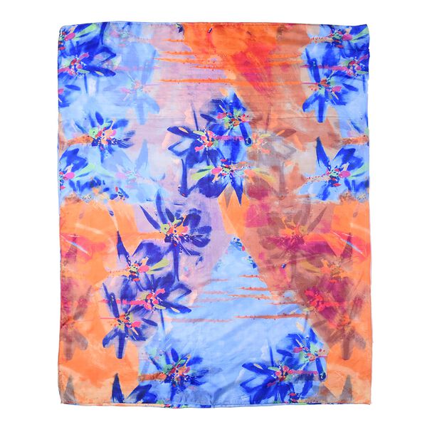 LA MAREY: Bedruckter Schal aus 100% Maulbeerseide, Blumenmuster, inkl. Geschenkbox, Blau und Orange image number 5