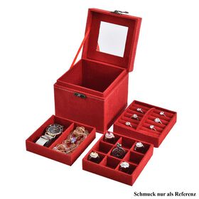 Schmuckkästchen aus Samt mit Spiegel, Schloss und Griff, 3 Ebenen, Rot Schmuckkästchen aus Samt mit Spiegel, Schloss und Griff, 3 Ebenen, Rot