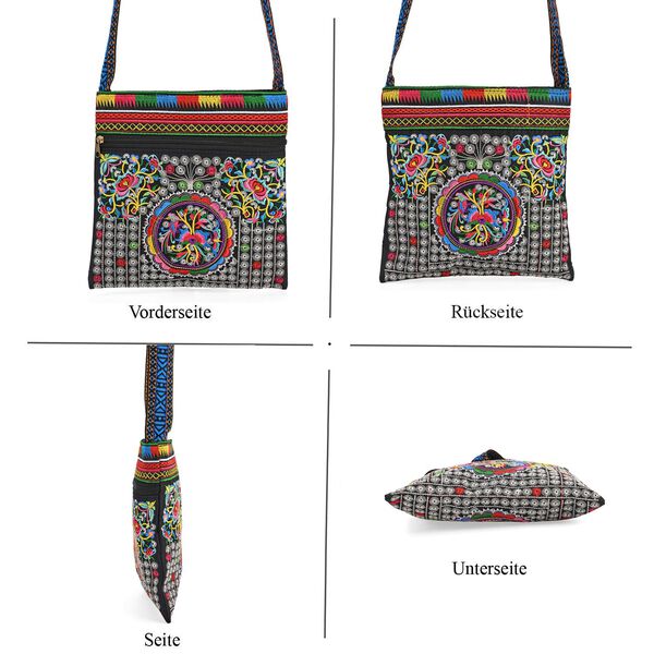 Blumen Stickerei Umh&auml;ngetasche, verstellbarer Riemen, 23 x 24 cm, Schwarz image number 5