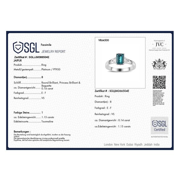 RHAPSODY - AAAA Pirineu Lagunen Turmalin, Weißer Diamant SGL zertifiziert Ring 950 Platin (Größe 20.00) ca. 1.19 ct image number 8