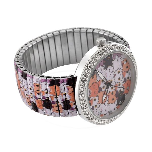 STRADA - Armbanduhr mit Katzengesichtmotiv, Kristall-Lünette, Japanisches Uhrwerk, Edelstahlzugband, Reiner Edelstahl image number 5