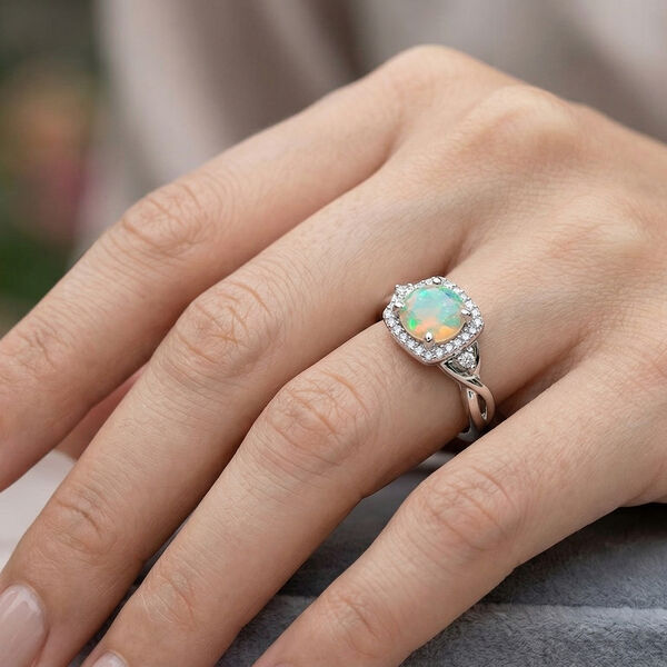 Nat&uuml;rlicher &Auml;thiopischer Opal und Zirkon Halo Ring 925 Silber Platin-&Uuml;berzug image number 3