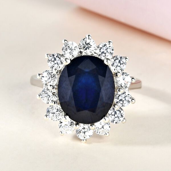 Blauer Saphir und Zirkon Halo Ring 925 Silber Platin-&Uuml;berzug image number 2