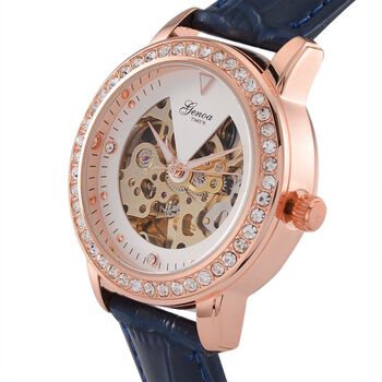 GENOA TIME V2 Automatik-Uhr mit Mechanischem Uhrwerk, Ros&eacute;goldfarbenem Geh&auml;use und Rosa Lederarmband