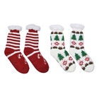 2er-Set - 2 Paar rutschfeste Haus Socken mit warmem Sherpa Futter, Einheitsgröße , Weihnachtsmotiv, Weiß und Rot  image number 0