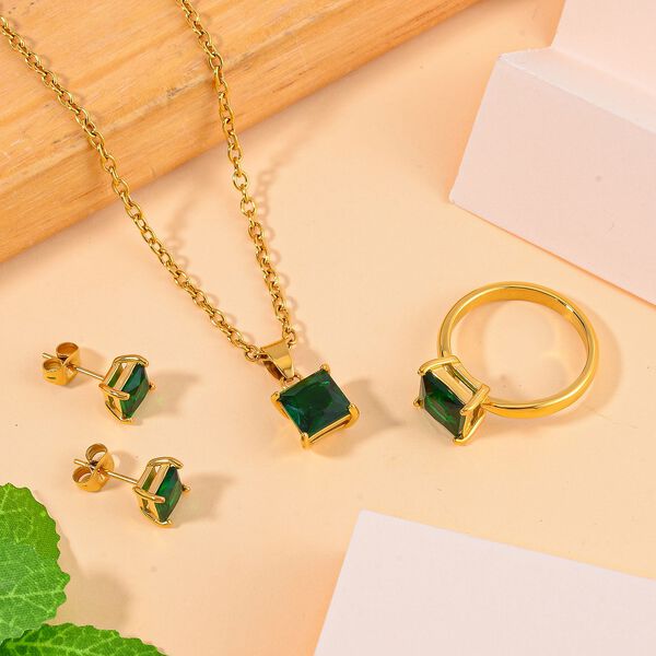 3er Set - Neongr&uuml;ner Kristall  Ring, Anh&auml;nger mit Kette und Ohrringe Schmuckset (Gr&ouml;&szlig;e 18.00), Reiner Edelstahl, vergoldet image number 2