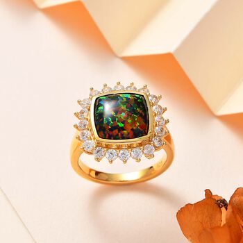 Lab Grown schwarzen Opal, Wei&szlig;er Zirkon Ring, 925 Silber Gelbgold Vermeil (Gr&ouml;&szlig;e 21.00) ca. 3.69 ct