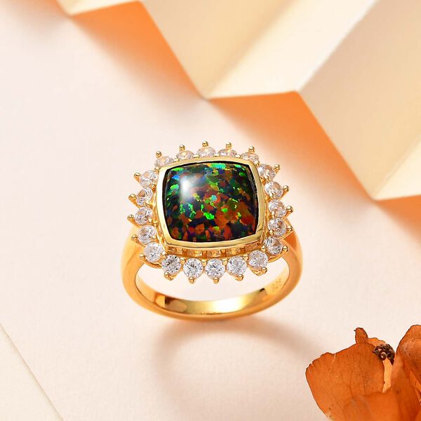 Lab Grown schwarzen Opal, Wei&szlig;er Zirkon Ring, 925 Silber Gelbgold Vermeil (Gr&ouml;&szlig;e 21.00) ca. 3.69 ct image number 2
