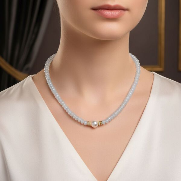 Weiße Muschelkernperle (9-11 mm), Opalite Halskette, verstellbar 40.5 cm +10 cm Extender, goldfarben image number 2