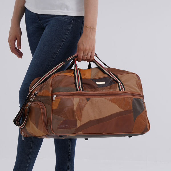 Reisetasche aus Schafleder, Patchwork-Design, 46 x 25 x 27 cm, Braun image number 2