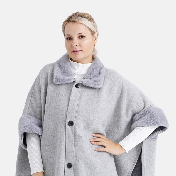 LA MAREY - Signature Kunstfell-Poncho mit Plüschkragen und Umschlagärmeln, Einheitsgröße, Grau image number 6