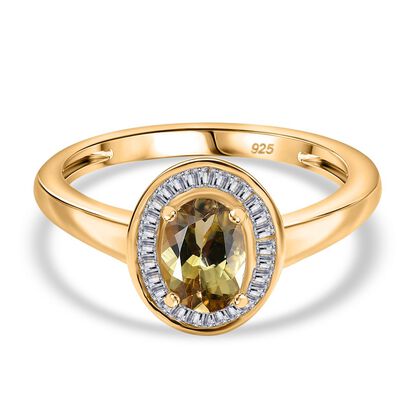 AA Nat&uuml;rlicher goldener Tansanit, Wei&szlig;er Diamant Ring 925 Silber 750 Gelbgold Vermeil (Gr&ouml;&szlig;e 18.00) ca. 0,84 ct