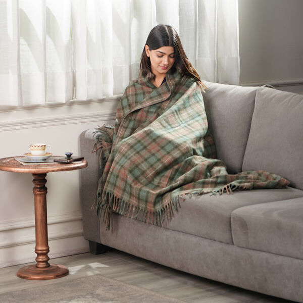 Wolldecke mit Fransen, 130x170, Schottenmuster, Gr&uuml;n image number 2