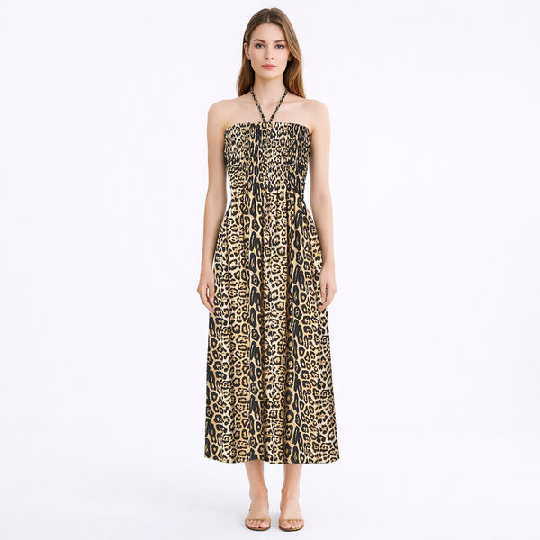 Gesmoktes Kleid, brauner Leopardendruck