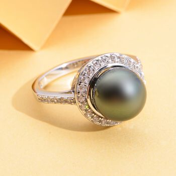 Tahiti-Zuchtperle und wei&szlig;er Zirkon-Ring, , 925 Silber rhodiniert
