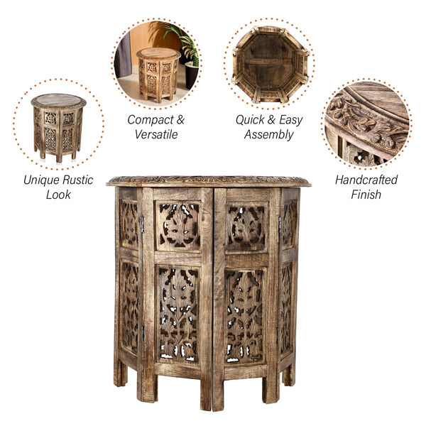 NAKKASHI handgeschnitzter Beistelltisch aus Mangoholz, 45 x 45 x 45 cm, braun image number 3