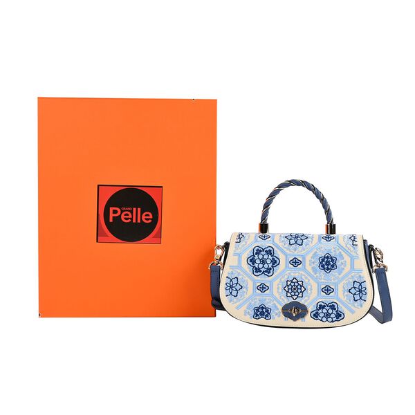 GRAND PELLE Umhängetasche aus echtem Leder, Florale Gitterstickerei, mit Tragegriff und Schulterriemen, 23×9×13 cm, Blau image number 6